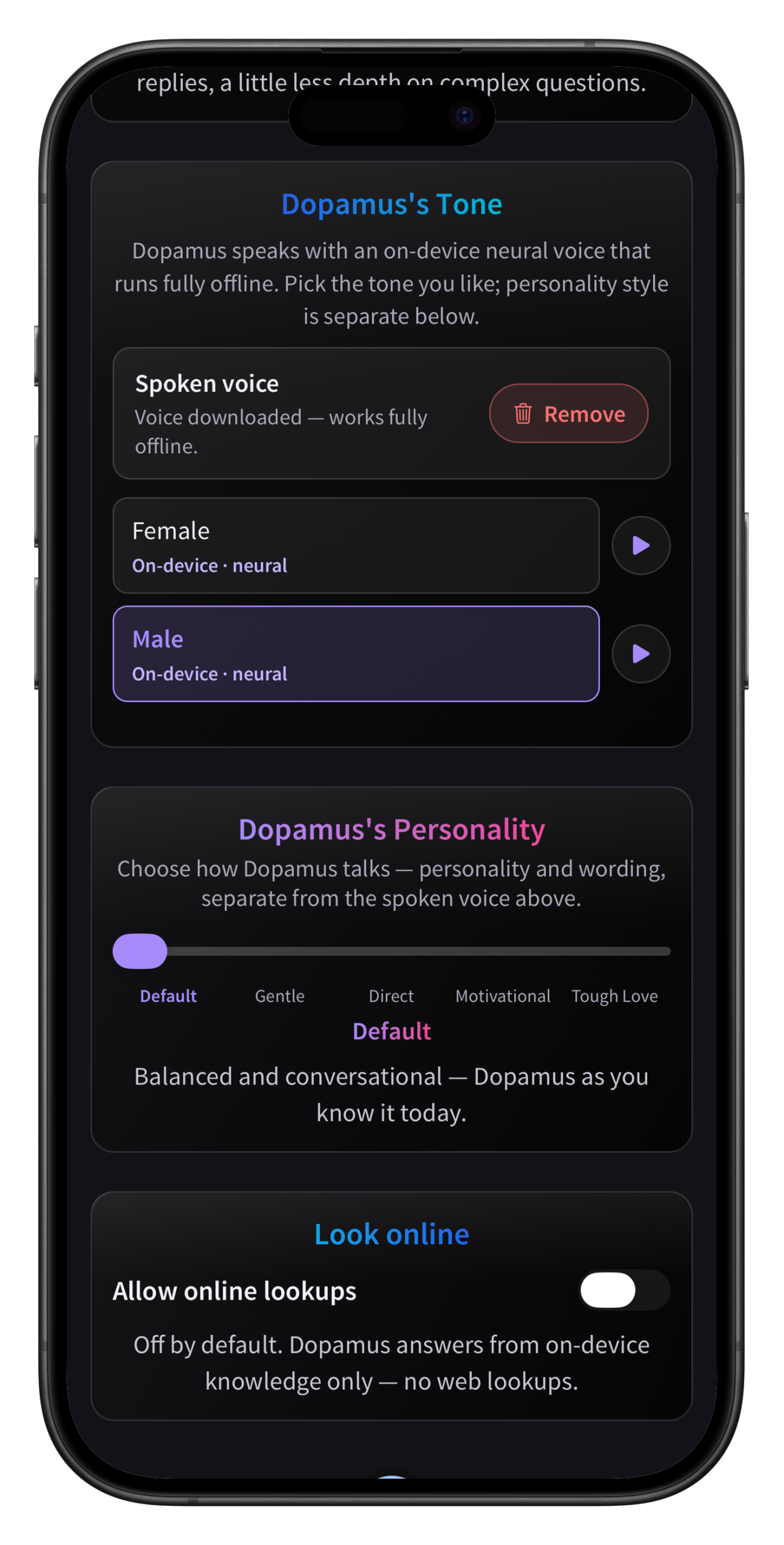 Screenshot of Dopamus settings showing on-device voice processing and online lookups toggled off by default
