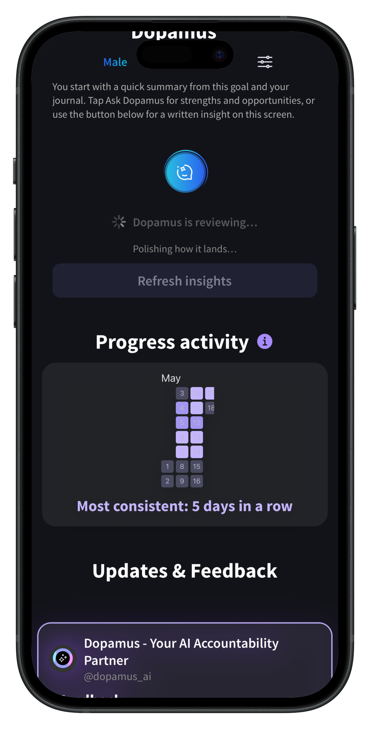 Screenshot of the Progress Activity heat map showing daily check-ins for May, with a 